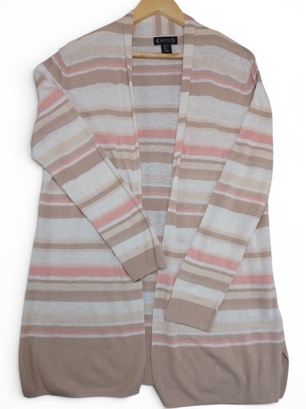 Linen Blend Open Front Cardigan XL Pink Beige Stripe Coastal Resort Hamptons - Picture 3 of 11